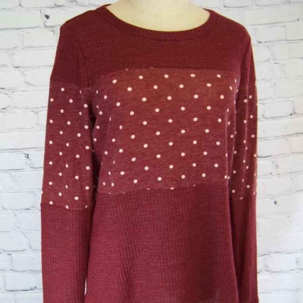 Polka Dot Accent Knit Top - Burgundy Red - Medium